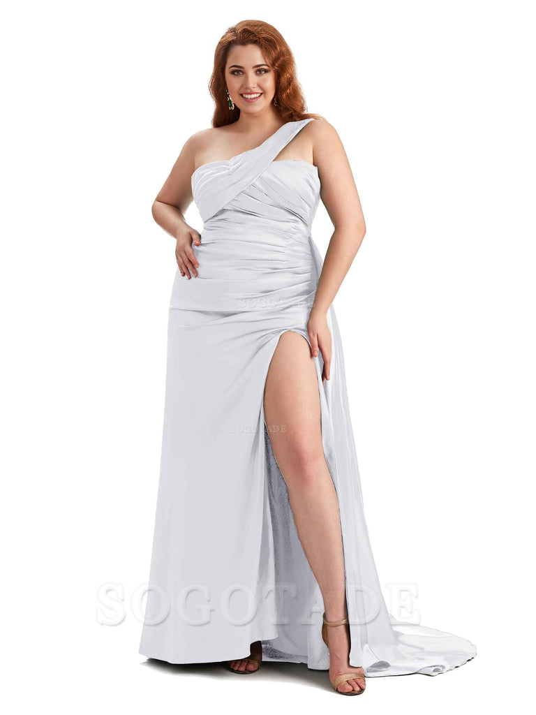  One Shoulder Sleeveless Sexy Side Hight Slit Mermaid Soft Satin Long Plus Size Bridesmaid Gowns