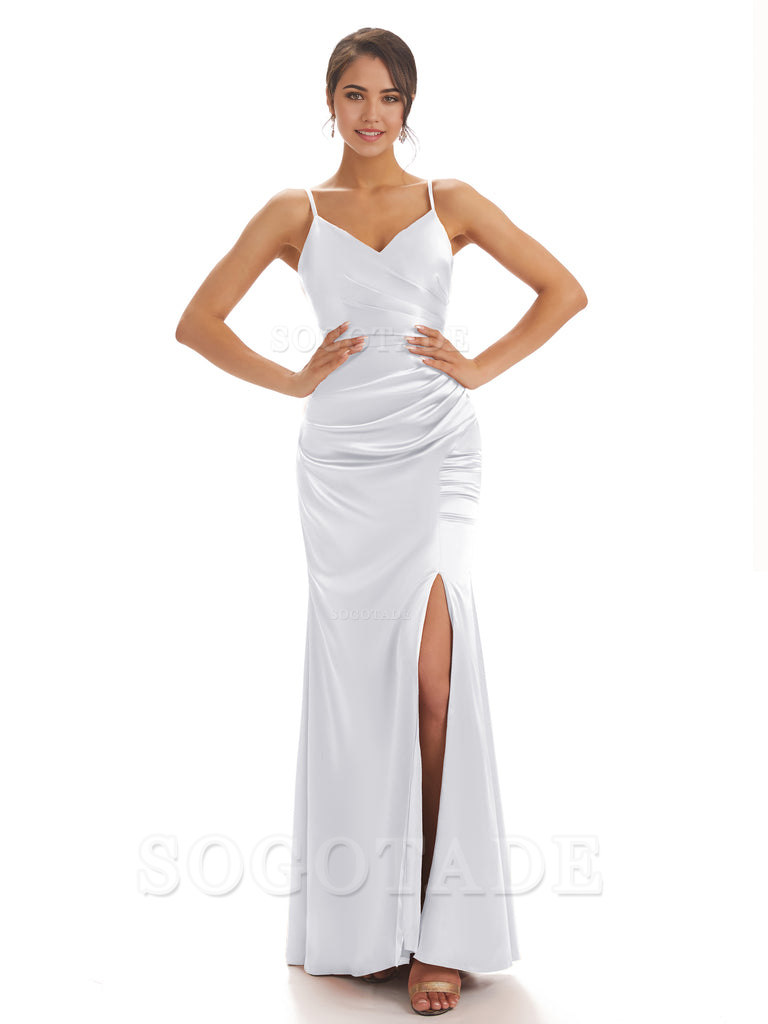 Spaghetti Straps Pleats Satin formal dresses evening gown Bridesmaid Dresses With Side Slit 