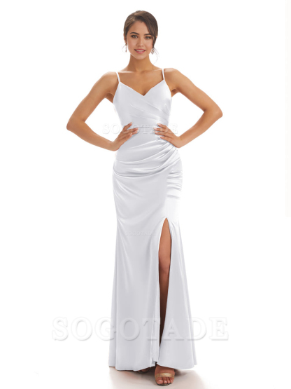 Spaghetti Straps Pleats Satin formal dresses evening gown Bridesmaid Dresses With Side Slit 