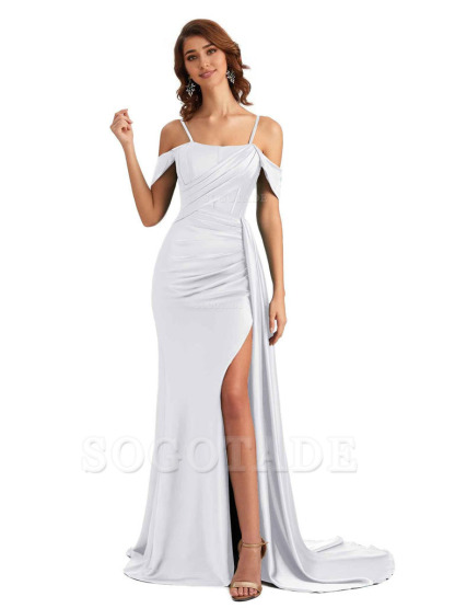 Sexy Side Slit Cold Shoulder Mermaid Satin Chic Long Wedding Guest Dresses