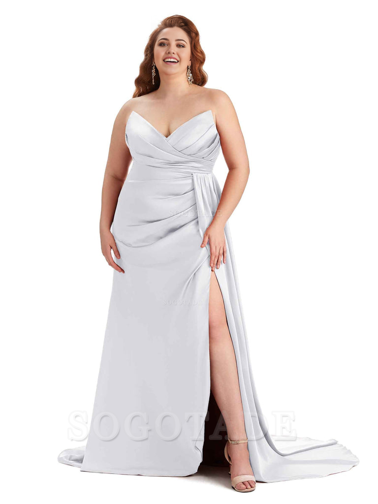Sexy V-neck Side Slit Sleeveless Mermaid Soft Satin Long Plus Size Bridesmaid Gowns