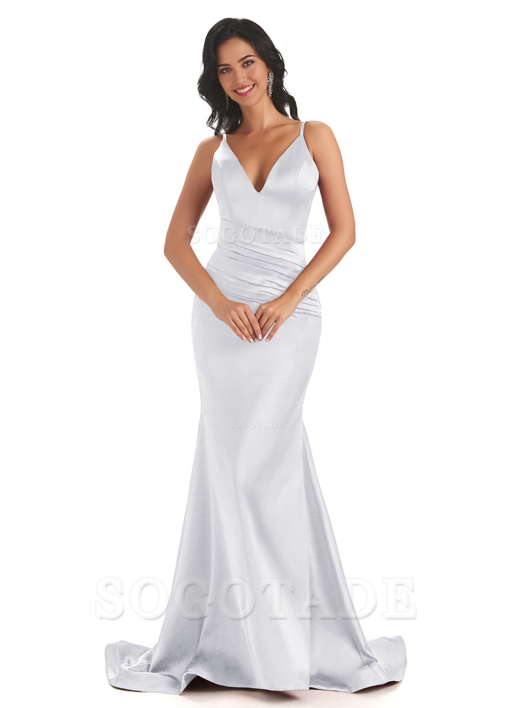 Mermaid Spaghetti V-Neck Straps Satin Long formal dresses evening gown Bridesmaid Dresses With Side Slit 