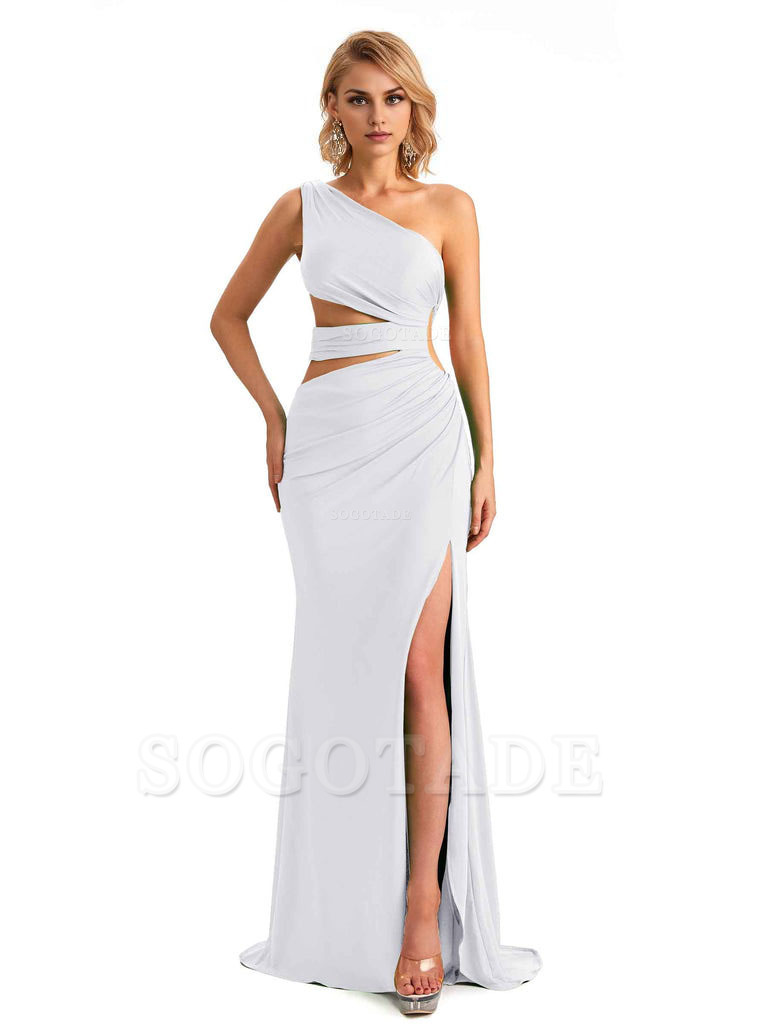 Elegant Mermaid One Shoulder Side Slit Stretchy Jersey Long Formal Bridesmaid Dresses