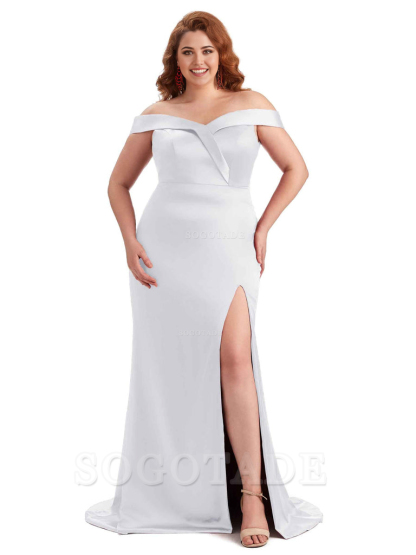 Elegant Off The Shoulder Sleeveless Side Slit Mermaid Soft Satin Long Plus Size Bridesmaid Gowns
