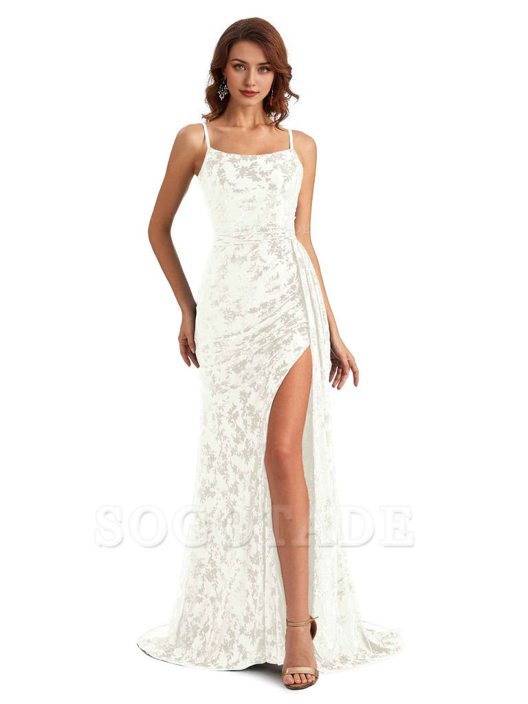 Sexy Side Slit Spaghetti Straps Mermaid Floral Velvet Long Wedding Guest Dresses