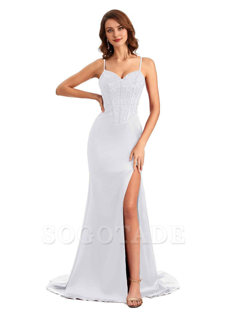 Sexy Side Slit Mermaid Silky Satin V-Neck Lace Unique Long Bridesmaid Dresses