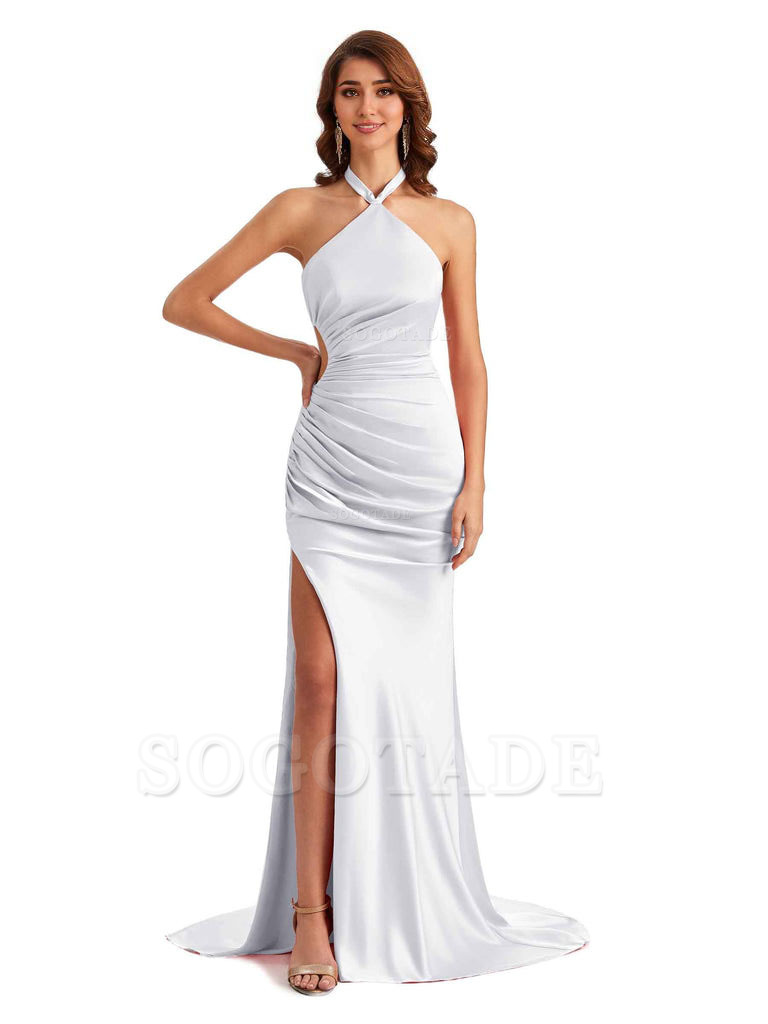 Sexy Halter Mermaid Silky Satin Unique Long Formal Wedding Guest Dresses