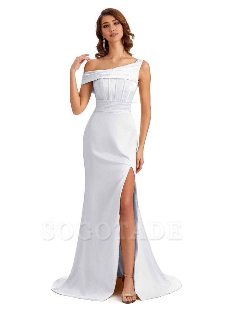 Elegant Asymmetrical Neck Soft Satin Side Slit Long Mermaid Bridesmaid Dresses