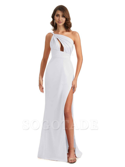 Sexy One Shoulder Silky Satin Unique Long Ladies Bridesmaid Dress For Wedding