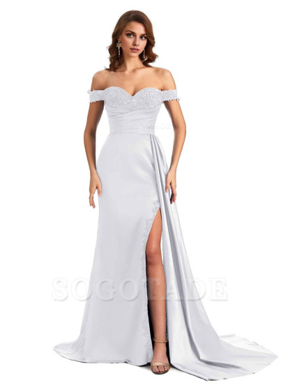 Sexy Off The Shoulder Mermaid Side Slit Silky Satin Long Bridesmaid Dress For Wedding