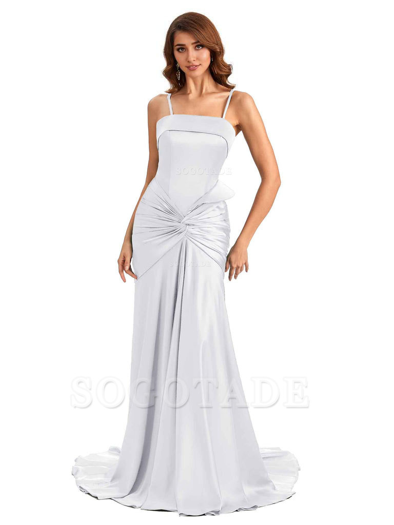 Sexy Mermaid Spaghetti Straps Silky Satin Unique Long Bridesmaid Dress For Wedding