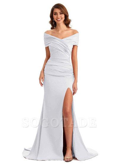 Sexy Off The Shoulder Side Slit Mermaid Satin Unique Long Formal Wedding Guest Dresses