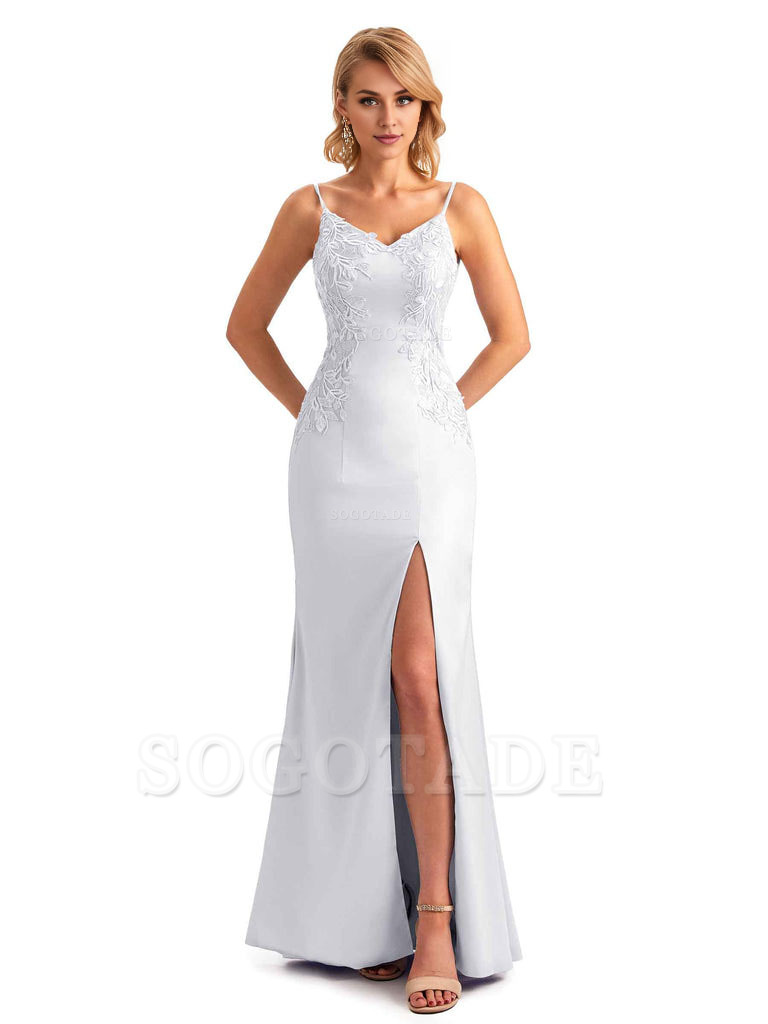 Sexy Side Split Mermaid Spaghetti Straps Soft Satin Unique Lace Long Bridesmaid Dresses