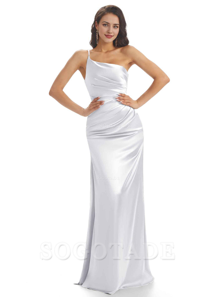 Sexy Soft Satin One Shoulder Side Slit Mermaid Long Bridesmaid Dresses prom dress shop ﻿