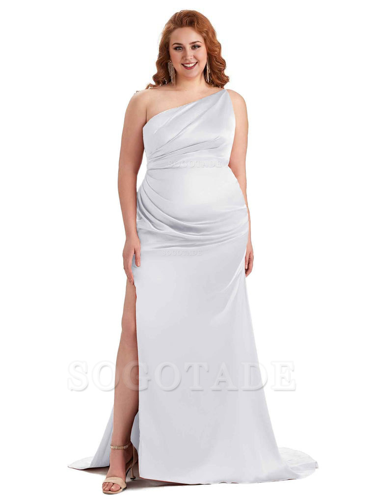 Sexy One Shoulder Side Slit Mermaid Soft Satin Long Plus Size Bridesmaid Dress For Wedding