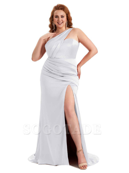 Sexy Side Slit One Shoulder Mermaid Soft Satin Long Plus Size Matron of Honor Dress For Wedding