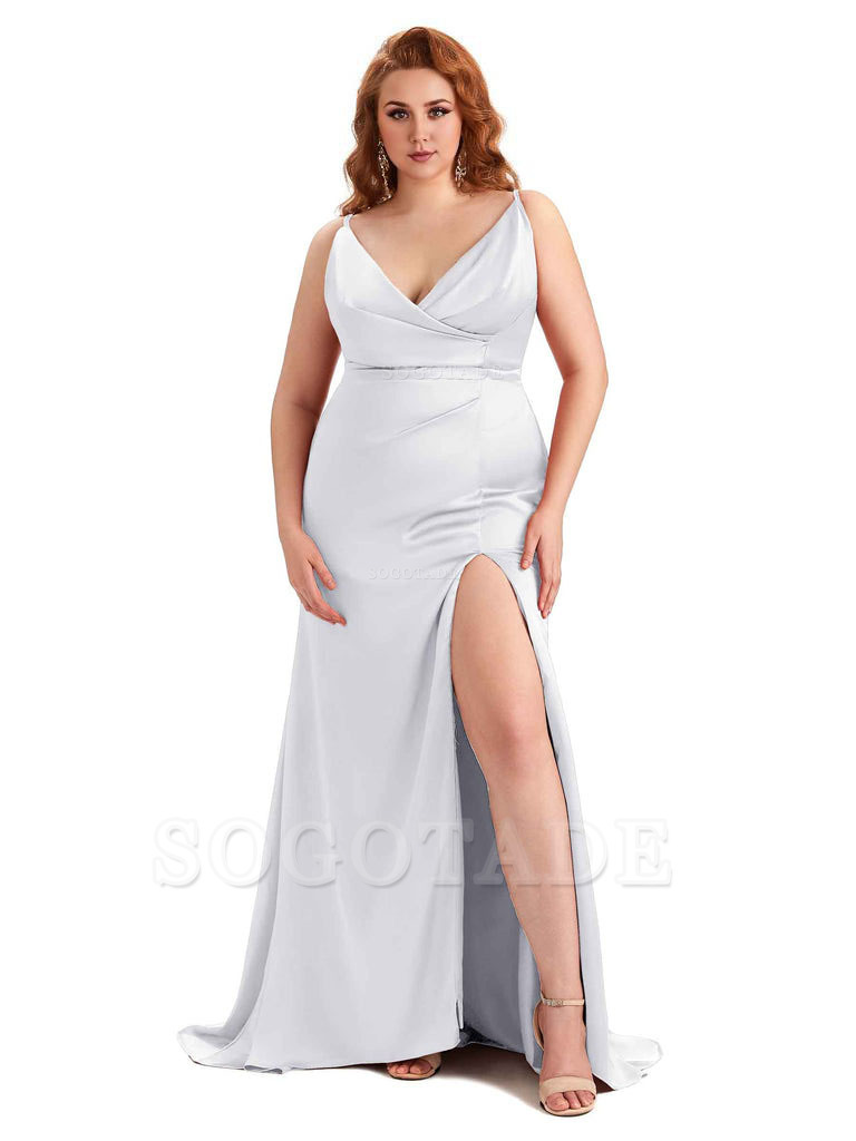 Sexy Side Slit Spaghetti Straps Mermaid Soft Satin Fashion Bridesmaid Dresses