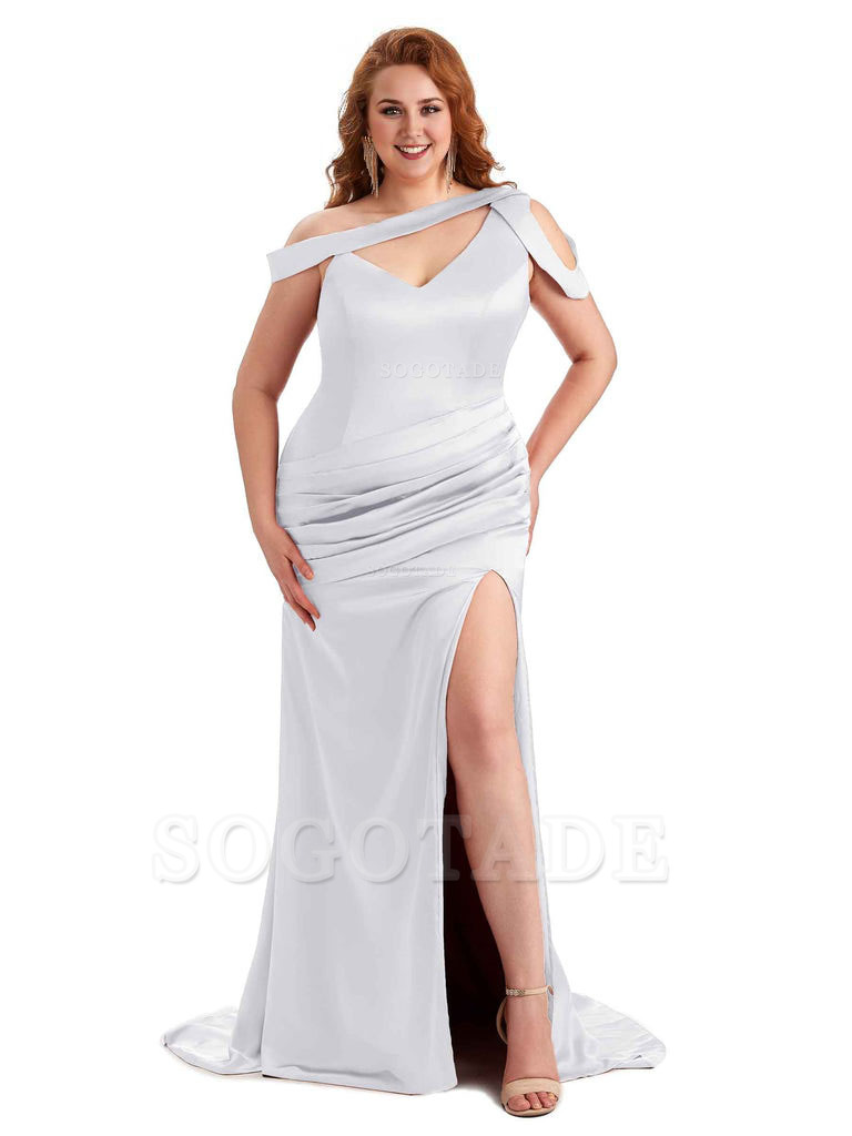 Sexy V-Neck Side Slit Unique Mermaid Soft Satin Long Plus Size Bridesmaid Dress For Wedding