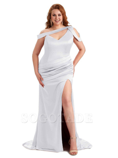 Sexy V-Neck Side Slit Unique Mermaid Soft Satin Long Plus Size Bridesmaid Dress For Wedding