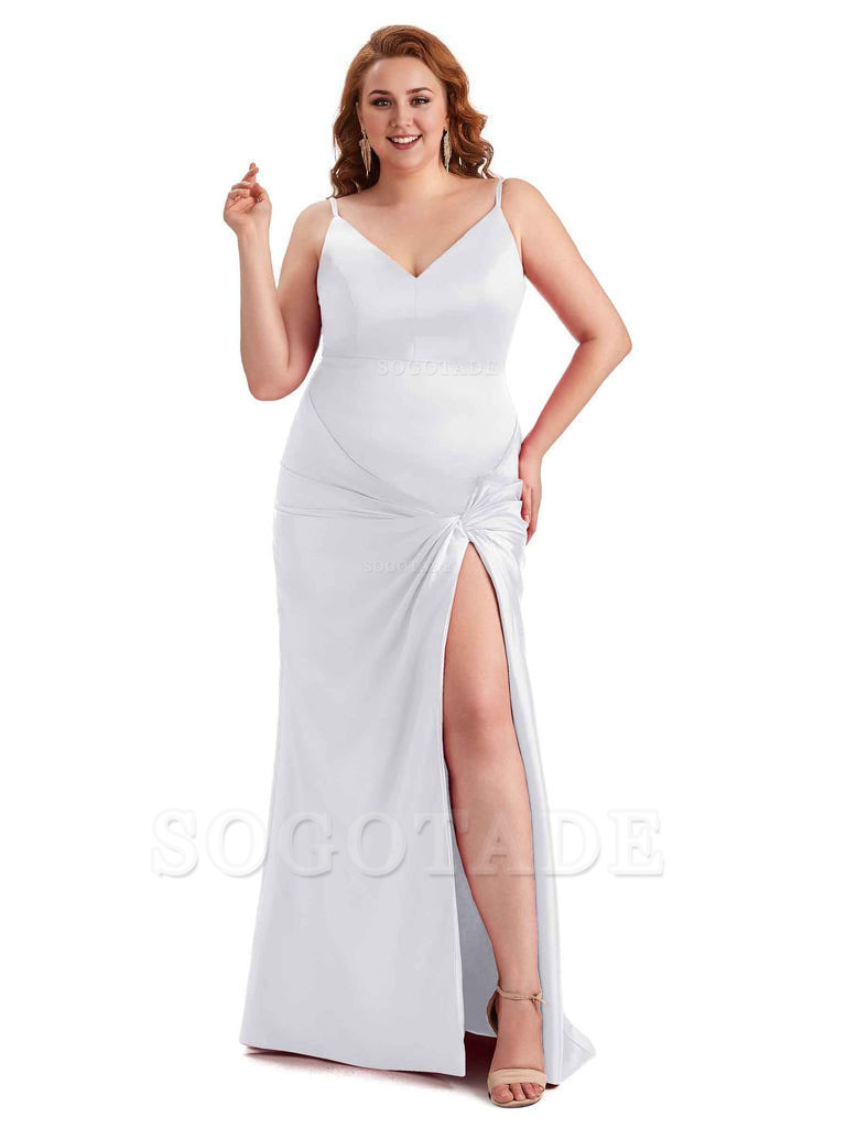 Sexy Spaghetti Straps V-neck Side Slit Mermaid Soft Satin Long Plus Size Bridesmaid Dress