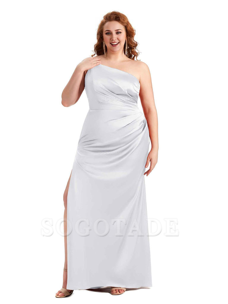 Sexy Side Slit One Shoulder Mermaid Soft Satin Long Plus Size Maid of Honour Dresses