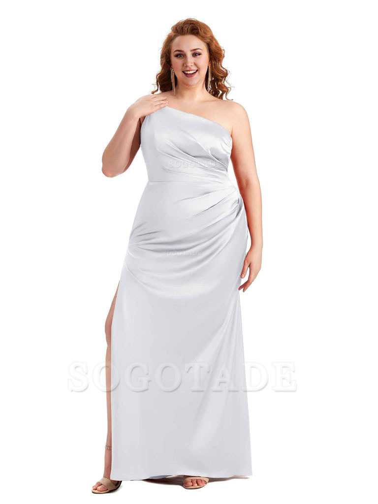 Sexy Side Slit One Shoulder Mermaid Soft Satin Long Plus Size Maid of Honour Dresses