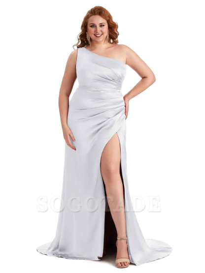 Sexy One Shoulder Side Slit Mermaid Soft Satin Long Plus Size Maid of Honor Dress For Wedding