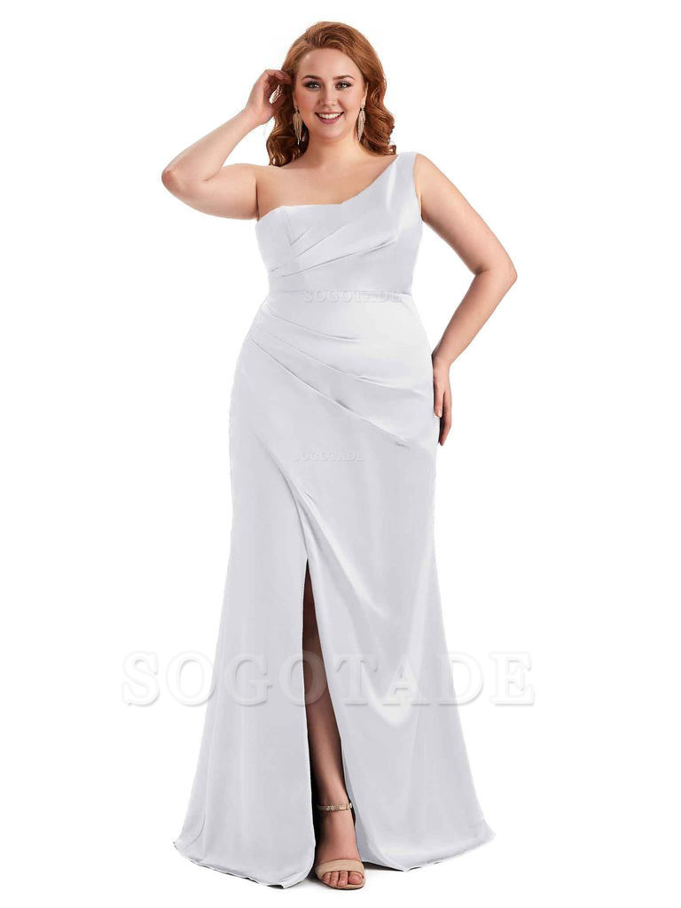 Sexy Side Slit One Shoulder Mermaid Long Plus Size Satin Maxi Dresses
