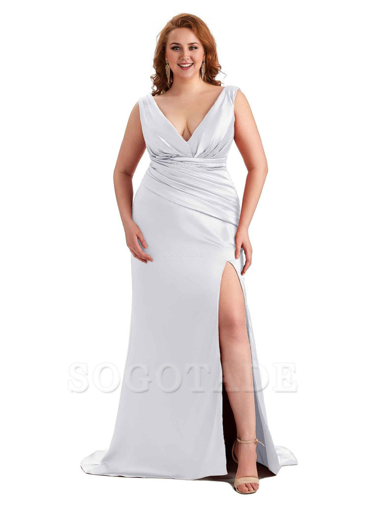 Elegant V-neck Side Slit Mermaid Soft Satin Long Plus Size Bridesmaid Dress For Wedding