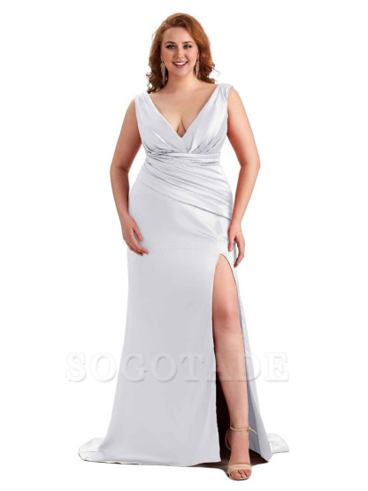 Elegant V-neck Side Slit Mermaid Soft Satin Long Plus Size Bridesmaid Dress For Wedding