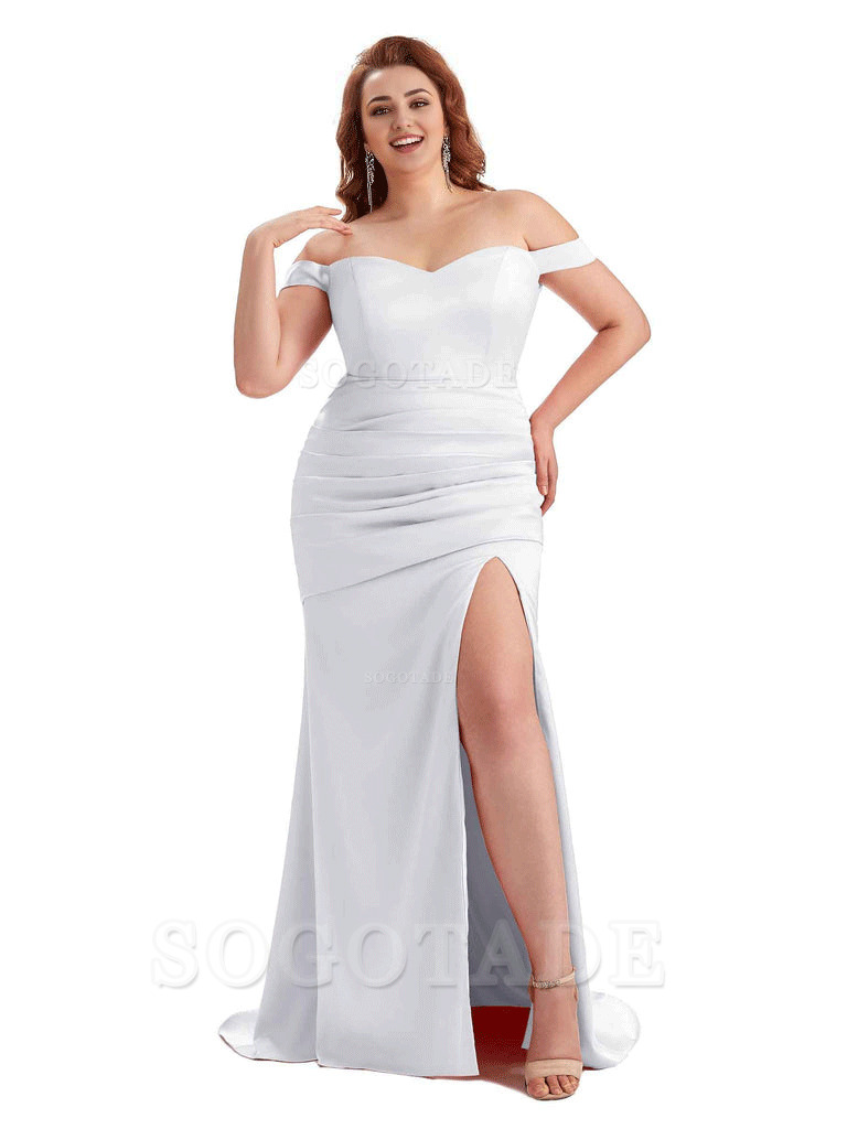 Sexy Mermaid Off The Shoulder Side Slit Soft Satin Long Plus Size Wedding Party Dresses