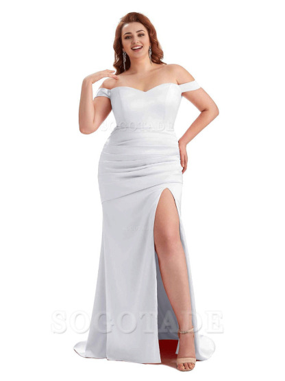 Sexy Mermaid Off The Shoulder Side Slit Soft Satin Long Plus Size Wedding Party Dresses