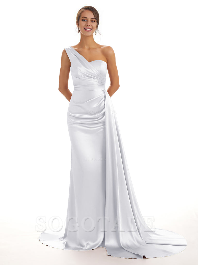 Elegant One Shoulder Soft Satin Unique Mermaid Long Bridesmaid Dresses Online prom dresses shops