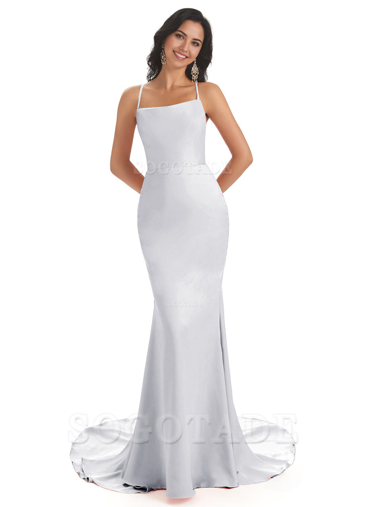 Mermaid Spaghetti Backless Straps Satin Long formal dresses evening gown Bridesmaid Dresses