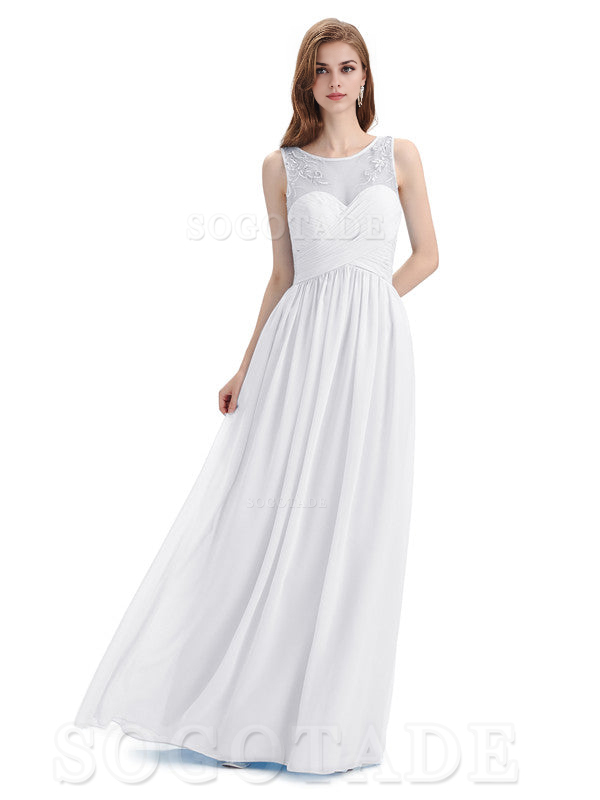 Elegant A-Line Chiffon Sleeveless Ruched Long Simple Bridesmaid Dresses Formal Women's Dresses Wedding Guests Dresses