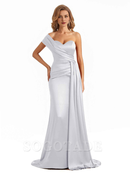 Elegant One Shoulder Soft Satin Long Mermaid Bridesmaid Dresses Online prom shop dresses ﻿