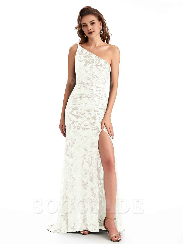 Charming Sexy One Shoulder Side Slit Mermaid Floral Velvet Long Exquisite Bridesmaid Dresses Formal Women's Dresses Wedding Guests Dresses