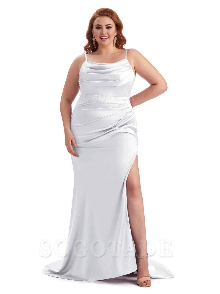Sexy Jewel Side Slit Mermaid Soft Satin Long Plus Size Bridesmaid Dress For Wedding