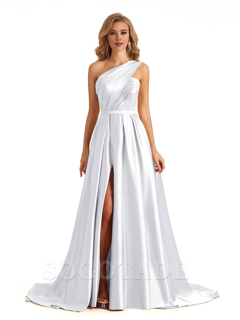 Sexy Side Slit One Shoulder A-Line Soft Satin Long Bridesmaid Dresses Online prom dress in store