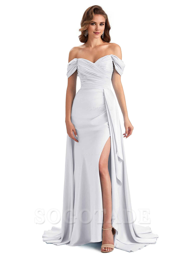 Sexy Side Slit Mermaid Soft Satin Off The Shoulder Long Unique Bridesmaid Dresses prom dress in store