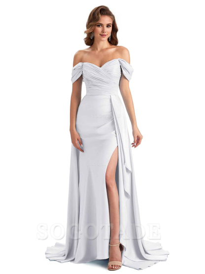 Sexy Side Slit Mermaid Soft Satin Off The Shoulder Long Unique Bridesmaid Dresses prom dress in store