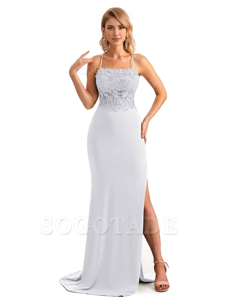 Sexy Side Slit Spaghetti Straps Open Back Mermaid Lace Applique Long Formal Bridesmaid Dresses