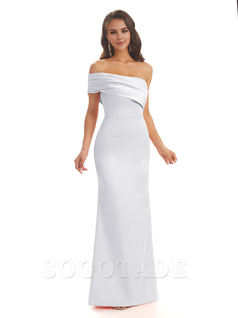 Soft Satin Sexy Side Slit One Shoulder Long Mermaid Bridesmaid Dresses Online prom dress in store