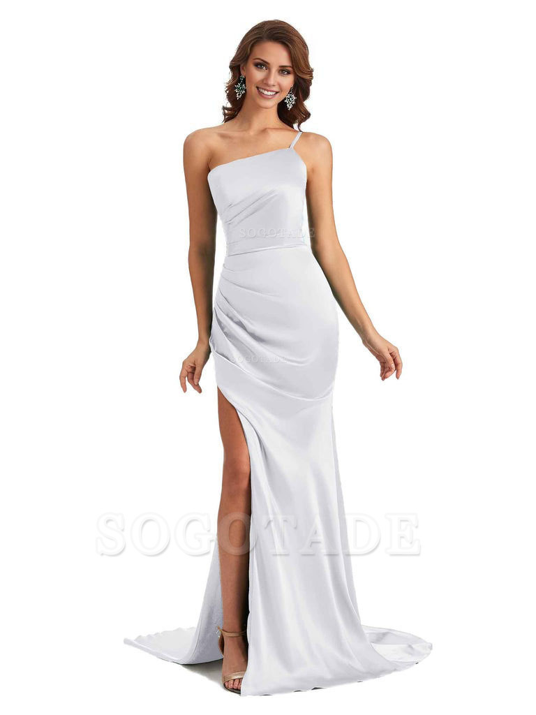 Sexy Silky Satin Side Slit One Shoulder Unique Long Wedding Guest Maxi Dresses