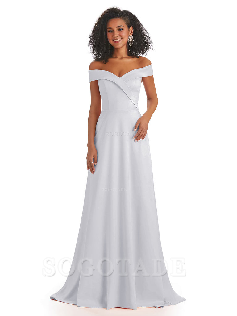 Soft Satin Off The Shoulder Long A-Line African Bridesmaid Dresses prom dress stores ﻿