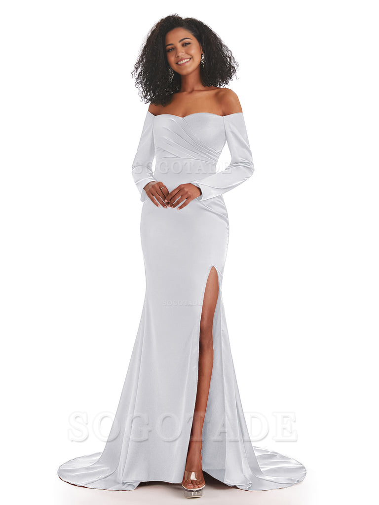 Mermaid Long Sleeve Satin formal dresses evening gown Bridesmaid Dresses With Side Slit 