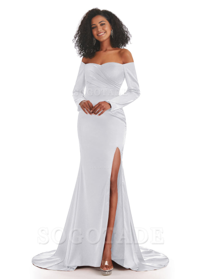 Mermaid Long Sleeve Satin formal dresses evening gown Bridesmaid Dresses With Side Slit 