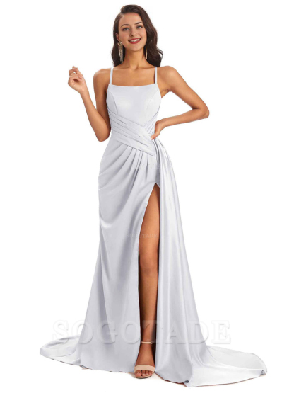 Sexy Soft Satin Side Slit Spaghetti Straps Long Maxi Bridesmaid Dresses prom shop dresses