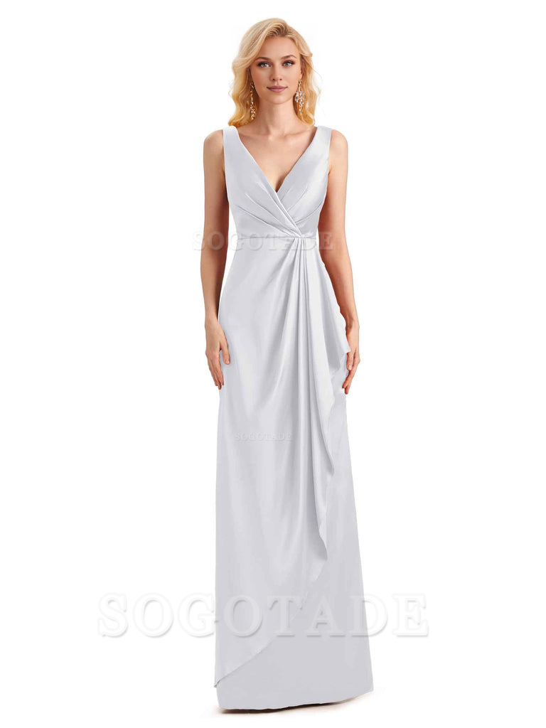 V Neck Elegant Soft Satin Formal Long Maid Bridesmaid Dresses Formal Wear Dresses