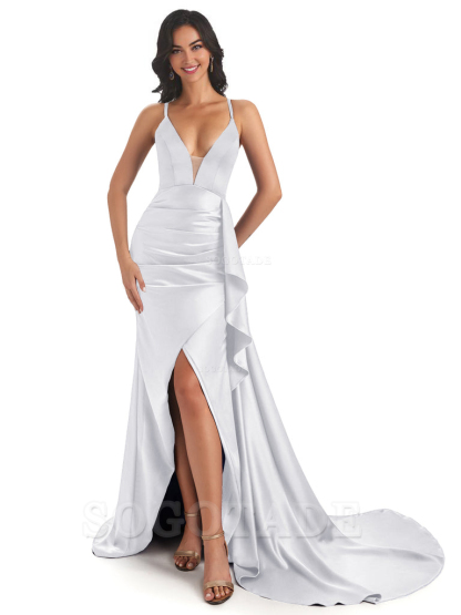 Sexy Spaghetti Straps Soft Satin Side Slit Pleats Unique Mermaid Bridesmaid Dresses prom shop dresses ﻿